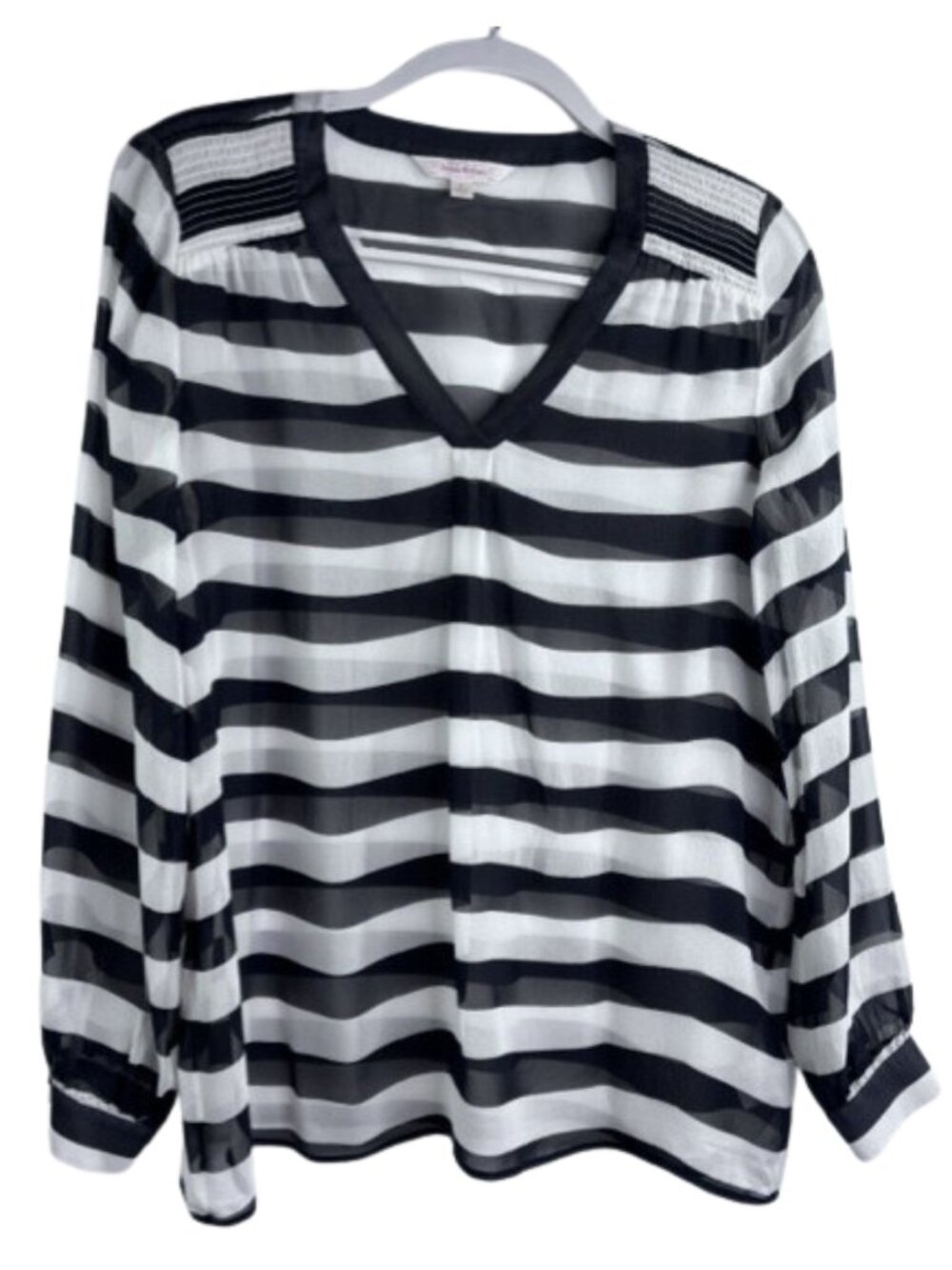 Brooks Brothers Sheer 100% Silk Blouse V Neck Black & White Stripe Size 8